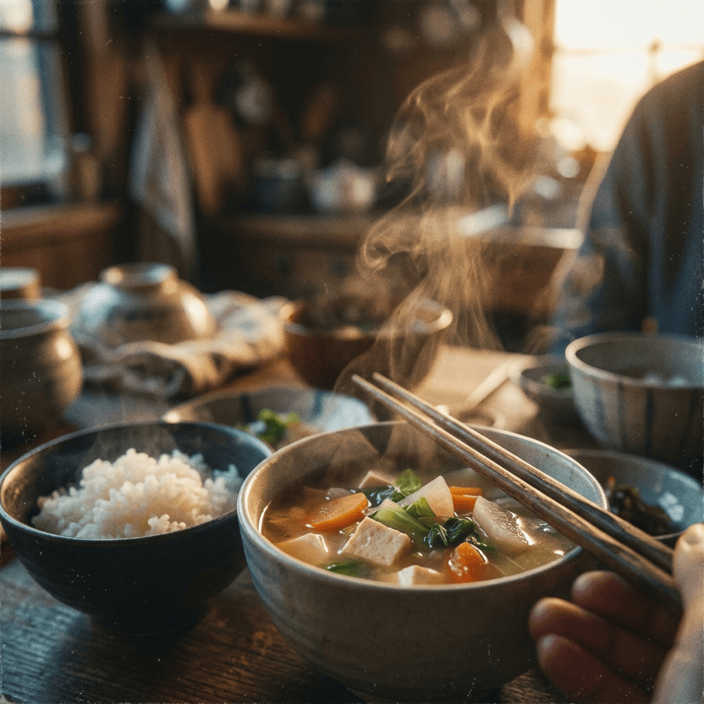 Steaming bowl of vegetable tofu soup with chopsticks and a bowl of white rice on wooden table