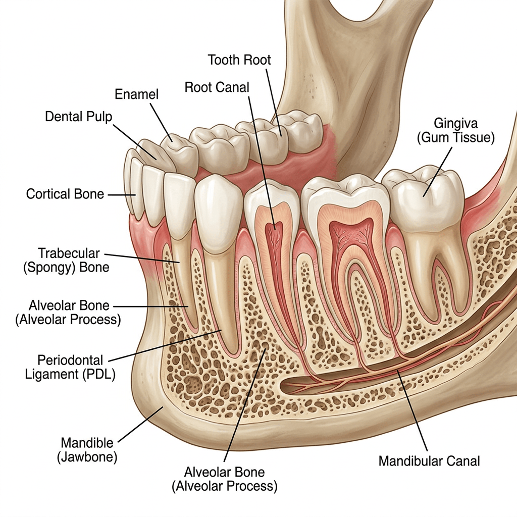 Cross-section of teeth showing enamel, dental pulp, root canal, bone, gingiva, and mandibular canal