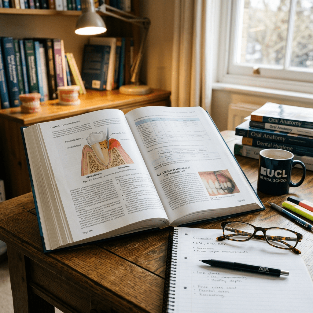 Open dental anatomy textbook with diagrams, notes, glasses, and a UCL Dental School mug on desk