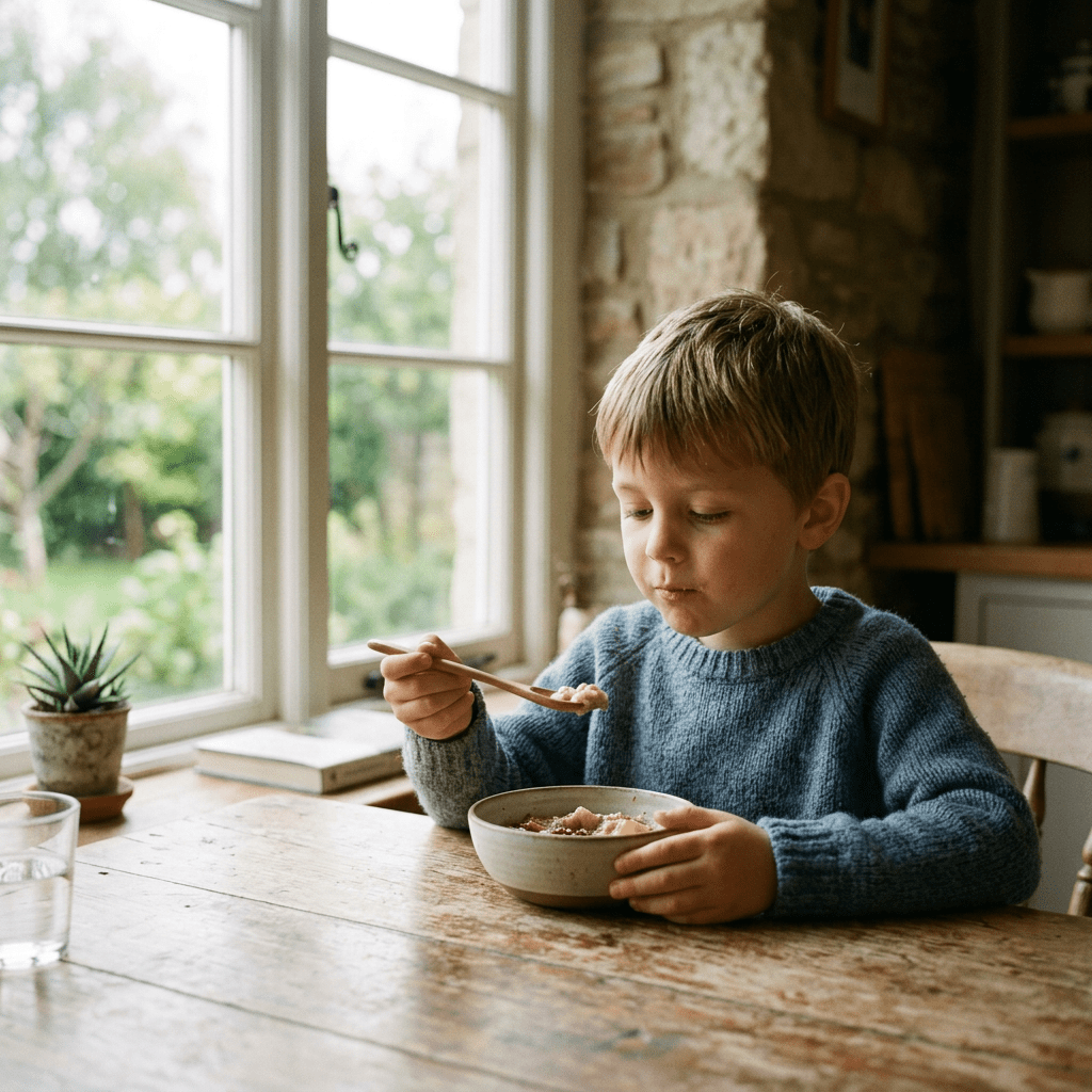 Young boy eating breakfast at a rustic wooden table by a large window