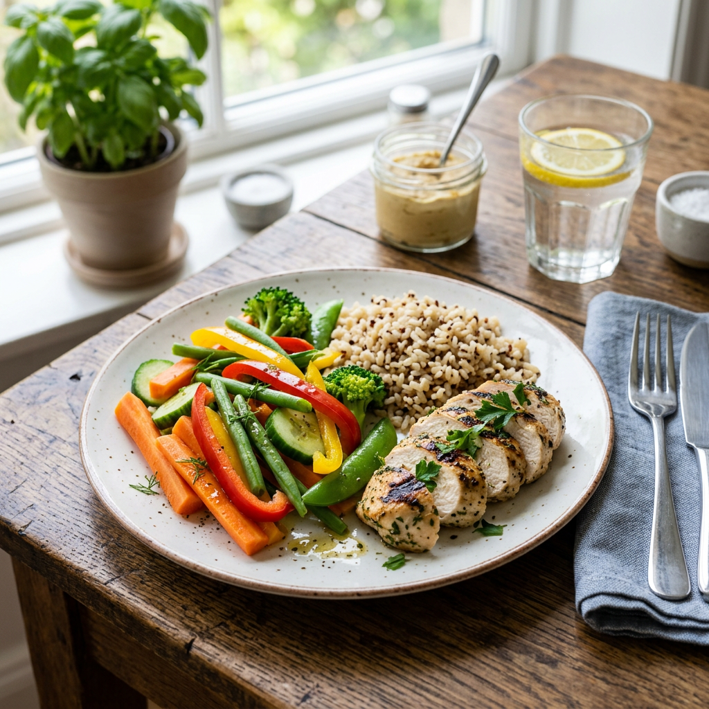 Grilled chicken breast slices with mixed steamed vegetables and brown rice