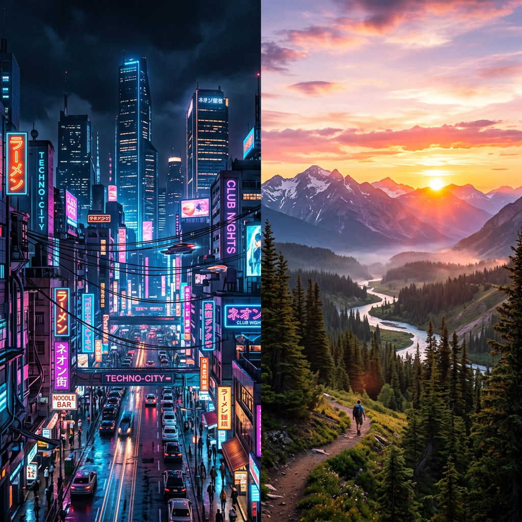 Side-by-side images: left, neon-lit futuristic city street; right, mountain valley with river at sunrise
