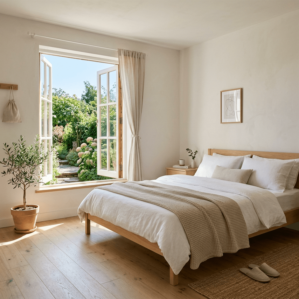 Minimalist bedroom with a wooden bed, white bedding, and an open window revealing a garden with flowering plants