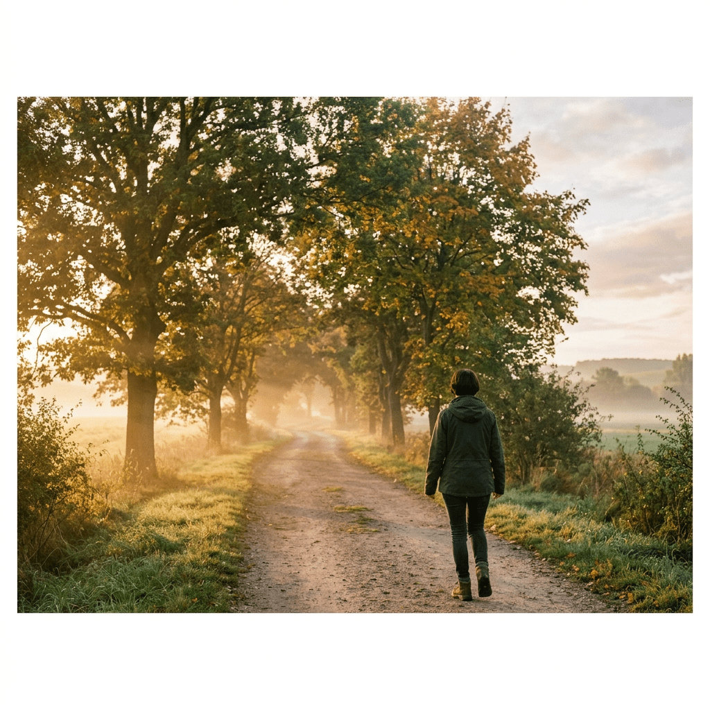 Person walking on a dirt path lined with trees during early morning light
