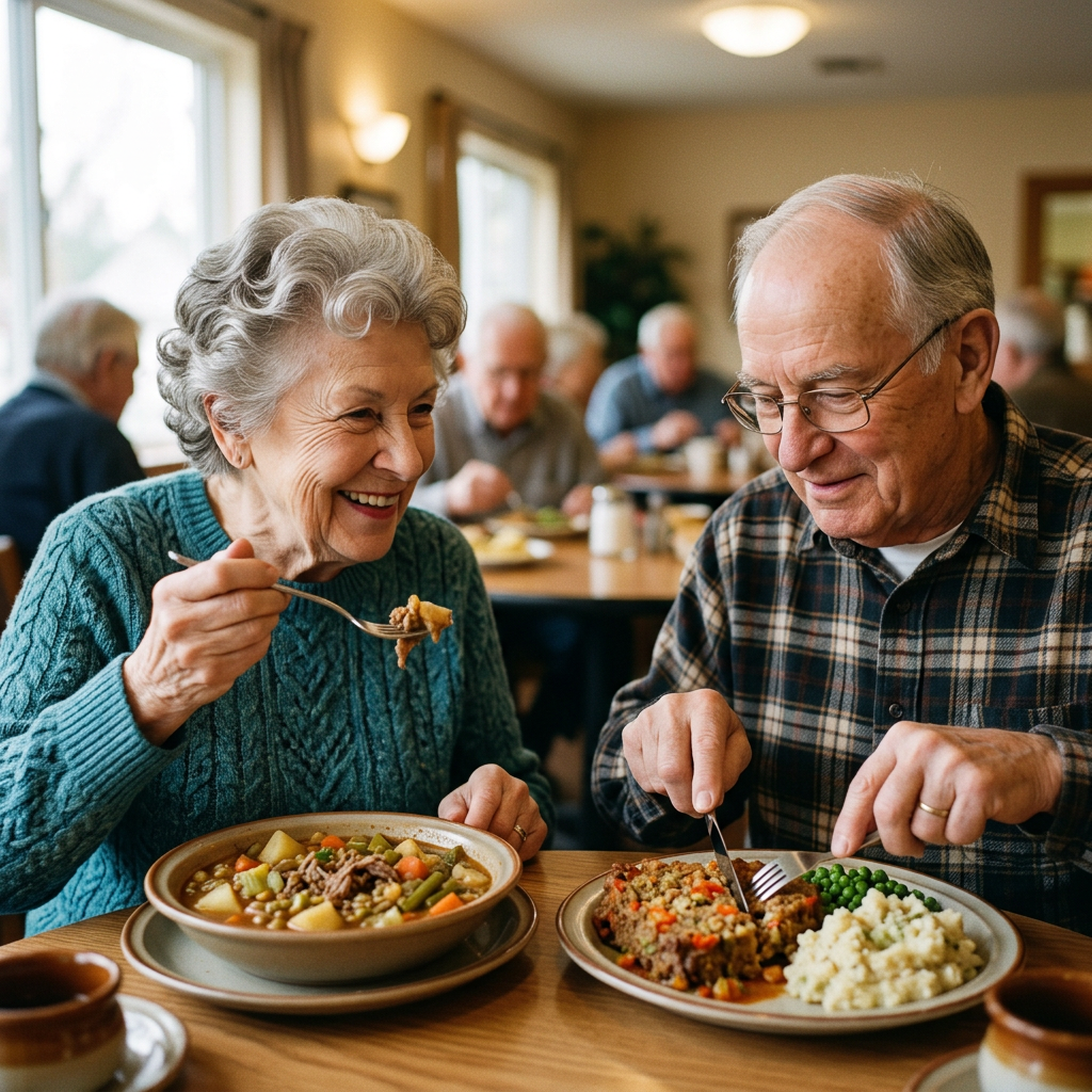 Elderly couple eating and enjoying a meal at a restaurant table