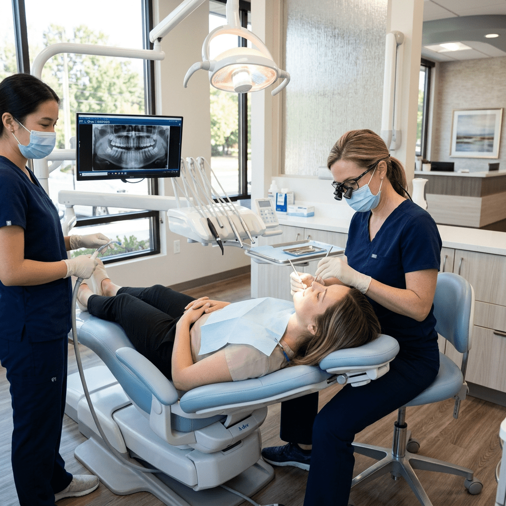 Dentist examining patient's teeth with dental assistant nearby and dental X-ray on screen