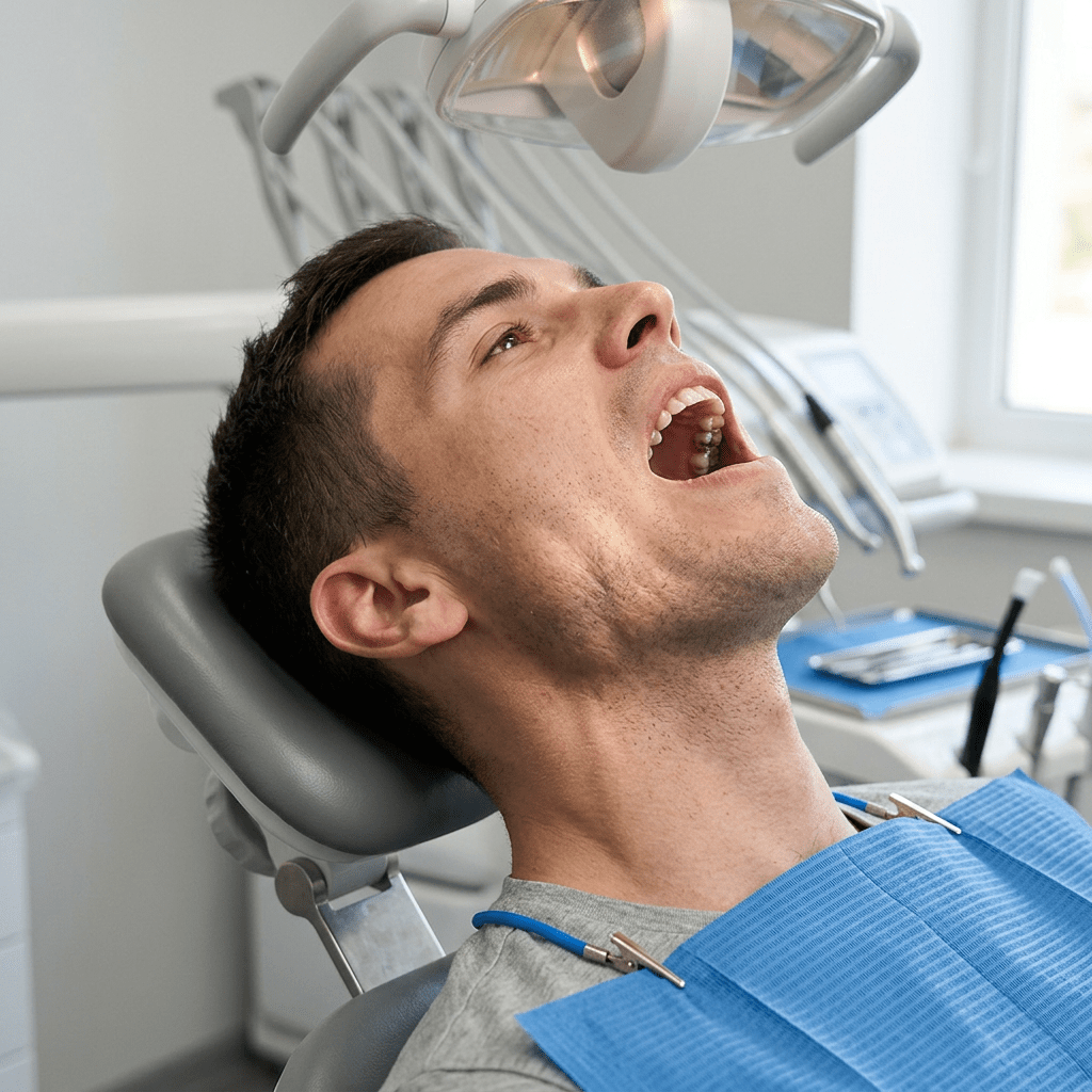 Man sitting in dental chair with mouth open undergoing dental checkup