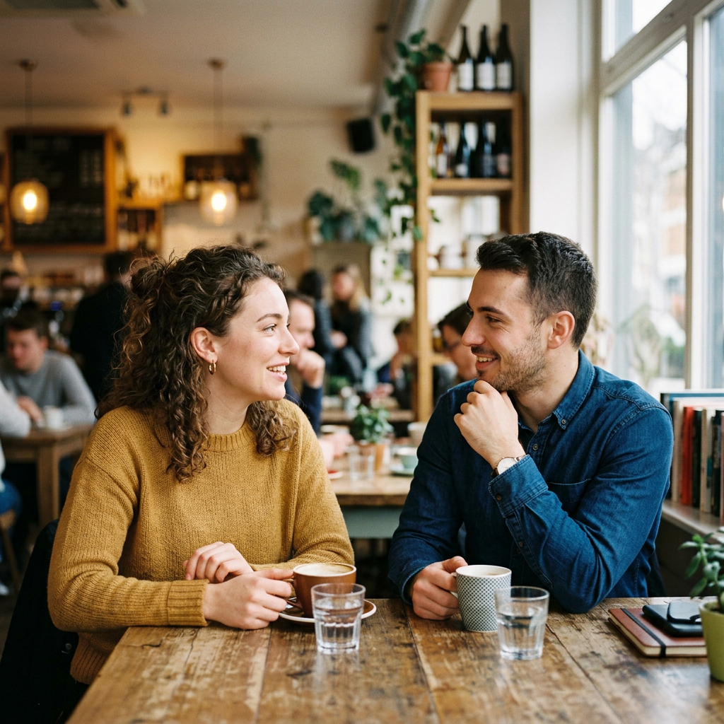 Man and woman sitting at a wooden table drinking coffee and talking in a café